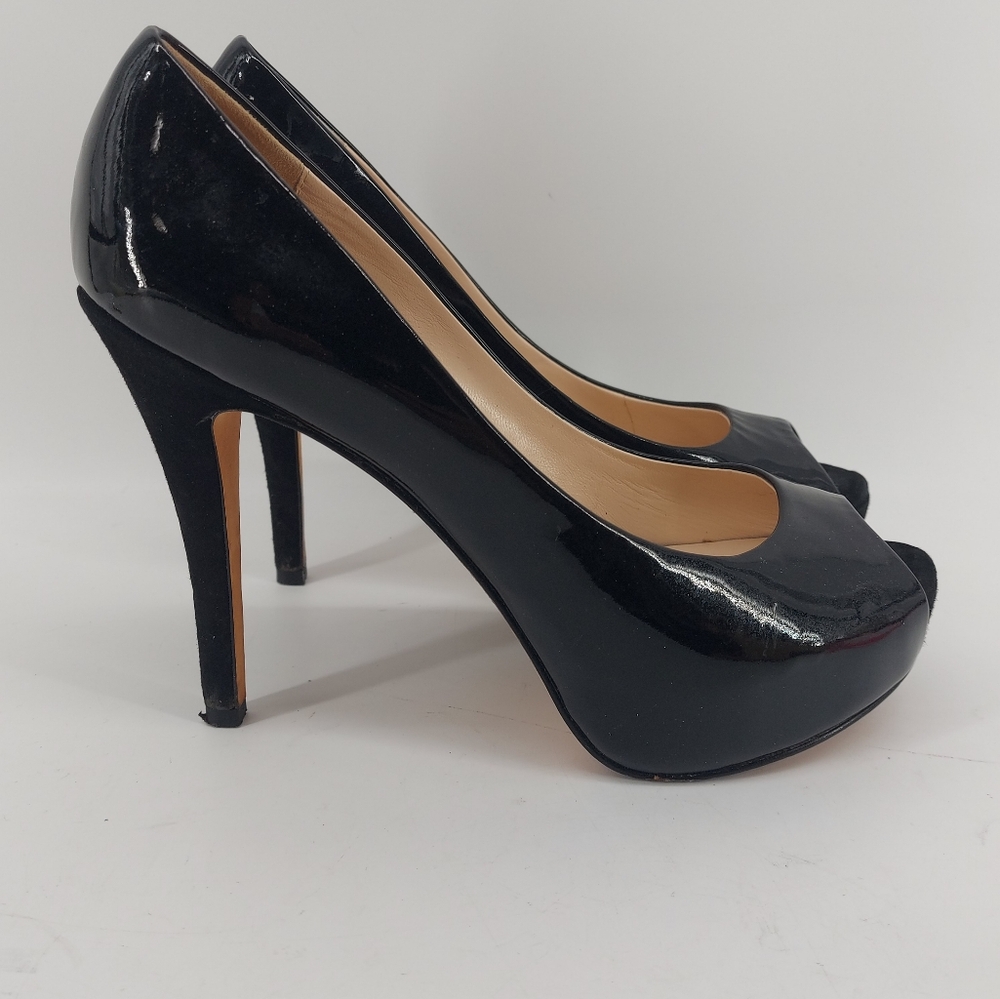 LA FENICE VENEZIA  9.5M Black Patent Leather Peep Toe Ultra High Heel Pump Shoes